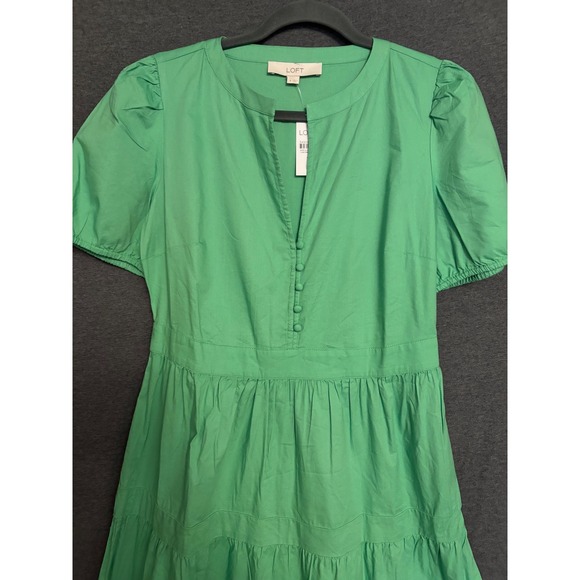 New LOFT Kelly Green Puff Sleeve Tiered Midi Dress Button Front Casual Size 4 - Picture 4 of 9